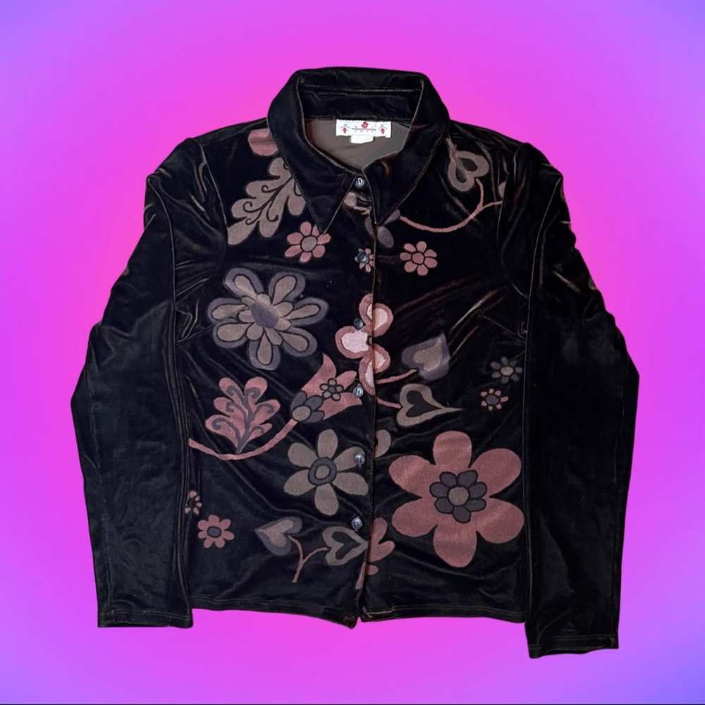 90s Velvet Floral Printed Collared Button Down